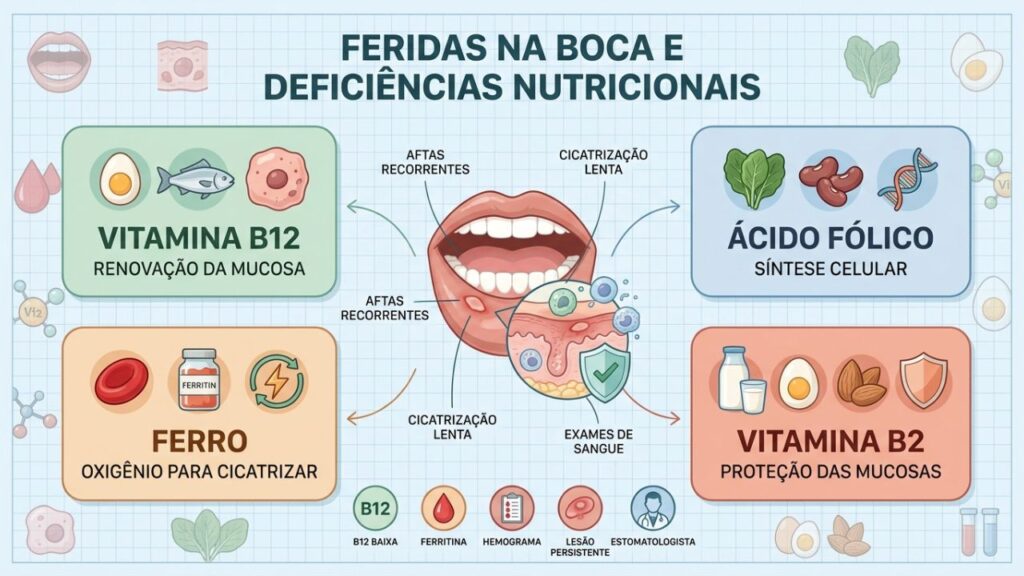 B12, ácido fólico, ferro e B2 apoiam cicatrização oral.