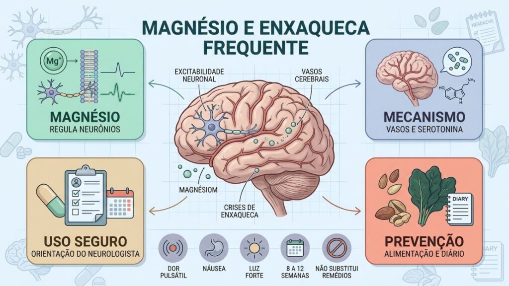 Quatro pontos explicam magnésio, evidência, segurança e prevenção da enxaqueca.