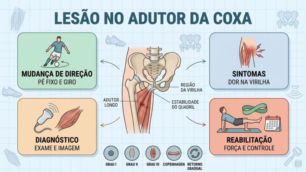 Mudança de direção, diagnóstico e fortalecimento orientam a recuperação do adutor.