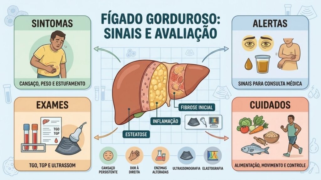Sintomas, alertas, exames e hábitos orientam a avaliação do fígado gorduroso.