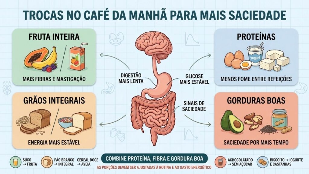 Fruta, proteína, integrais e gorduras boas sustentam saciedade e controle do apetite.