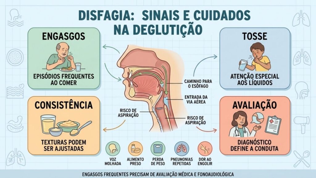 Engasgos, tosse, consistência e avaliação orientam o cuidado seguro na disfagia.