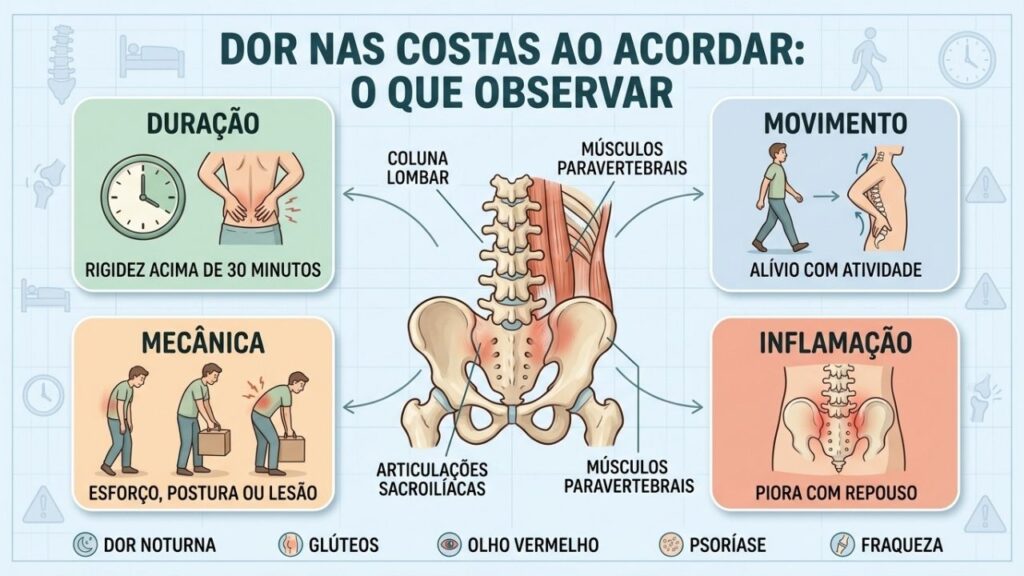 Duração, repouso, movimento e sinais associados ajudam a diferenciar as causas.
