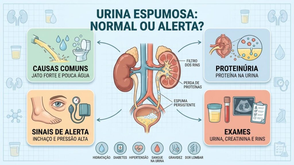 Infográfico diferencia espuma normal, proteinúria, sinais de alerta e exames renais.