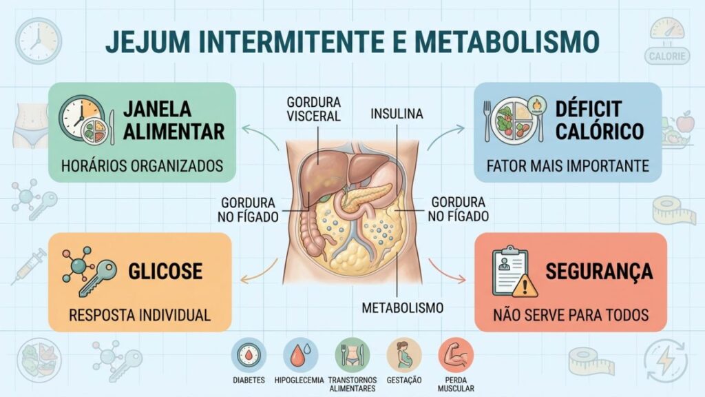 Infográfico mostra jejum, déficit calórico, glicose e cuidados de segurança.