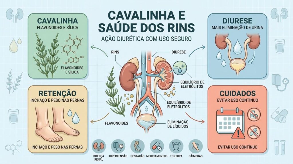 Cavalinha, diurese, retenção e contraindicações orientam o uso seguro.