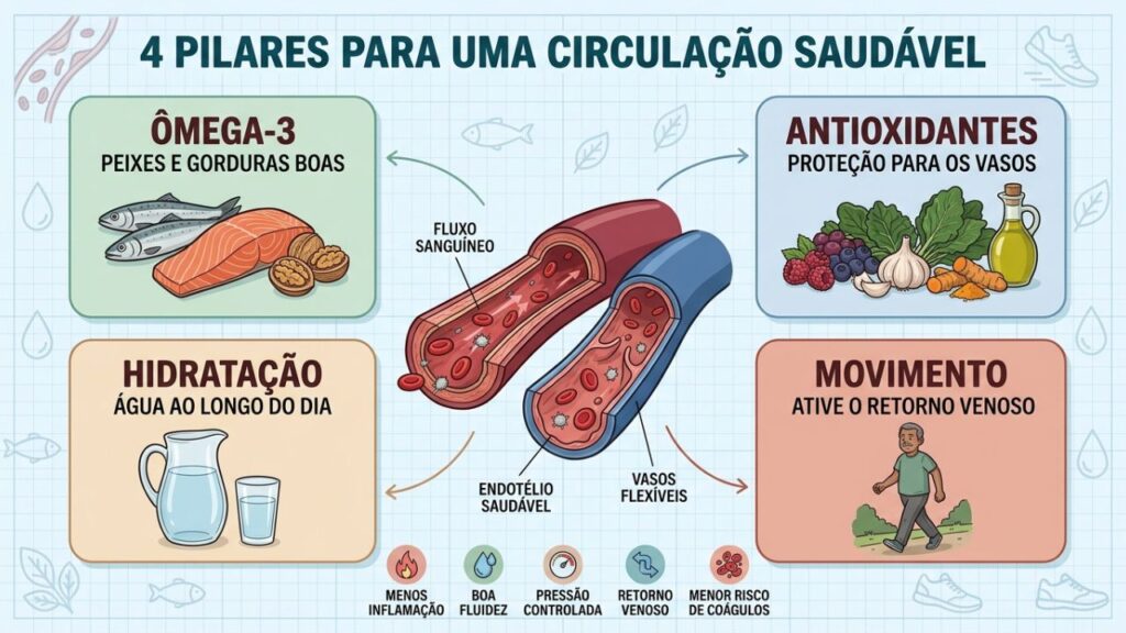 Ômega-3, antioxidantes, hidratação e movimento formam pilares da saúde vascular.
