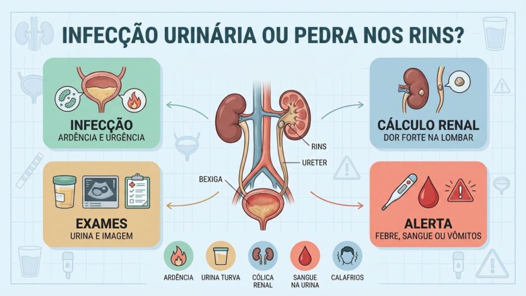 Sintomas, exames e sinais de alerta diferenciam infecção urinária e pedra nos rins.