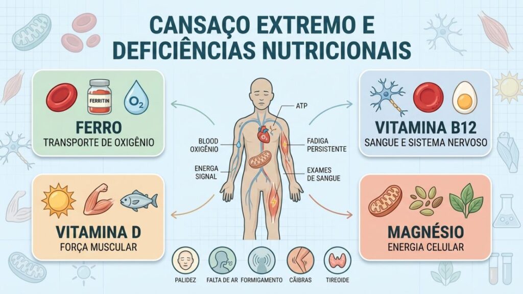 Ferro, B12, vitamina D e magnésio sustentam energia corporal.