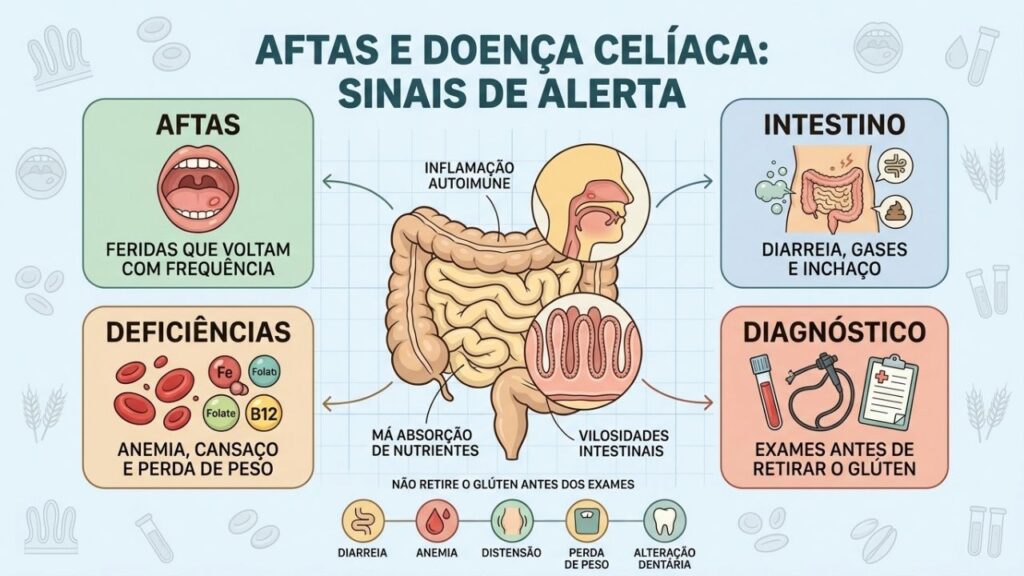 Aftas, sintomas intestinais, deficiências nutricionais e exames orientam a investigação celíaca.