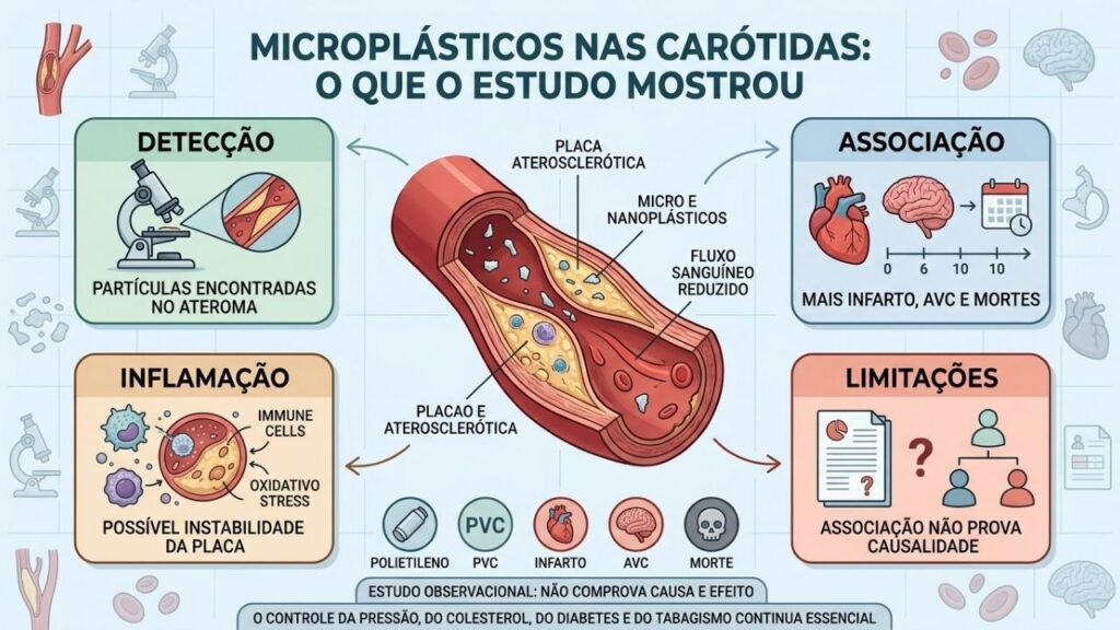 Detecção, associação, inflamação e limitações resumem as evidências sobre microplásticos.
