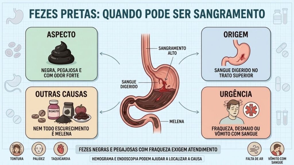 Aspecto, origem, causas alternativas e sinais de urgência ajudam a reconhecer melena.