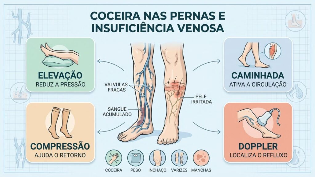 Elevação, caminhada, compressão e Doppler ajudam a controlar o refluxo venoso.