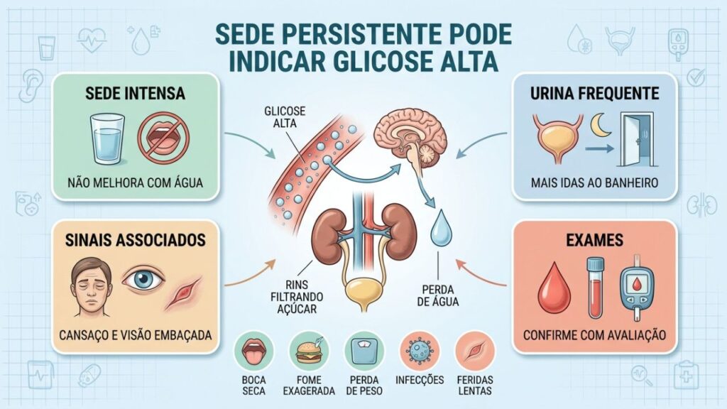 Sede, urina frequente e exames orientam a suspeita de glicose alta.