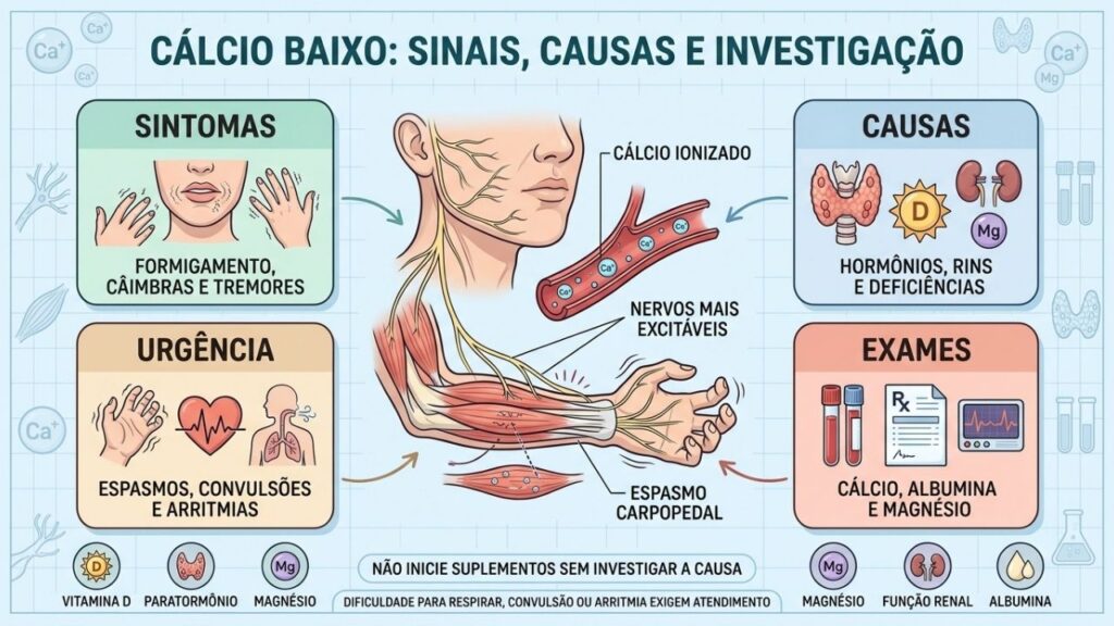 Sintomas, causas, sinais de urgência e exames orientam a investigação da hipocalcemia.