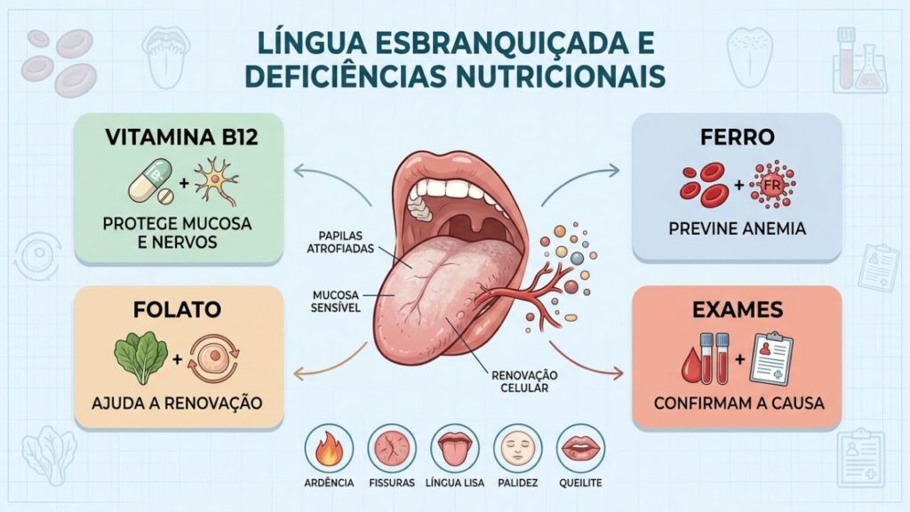 B12, ferro, folato e exames ajudam a investigar glossite carencial.