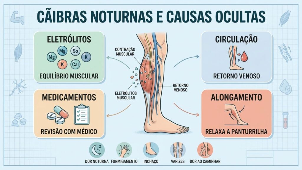 Eletrólitos, circulação, medicamentos e alongamento orientam a investigação das cãibras.