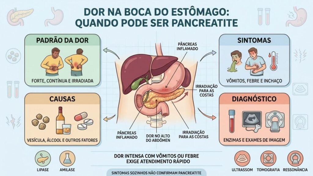 Padrão da dor, sintomas, causas e exames ajudam a reconhecer pancreatite.