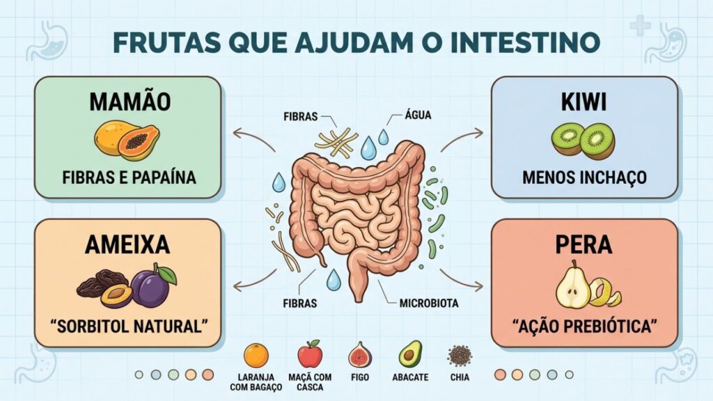 Mamão, kiwi, ameixa e pera ajudam o trânsito intestinal naturalmente.