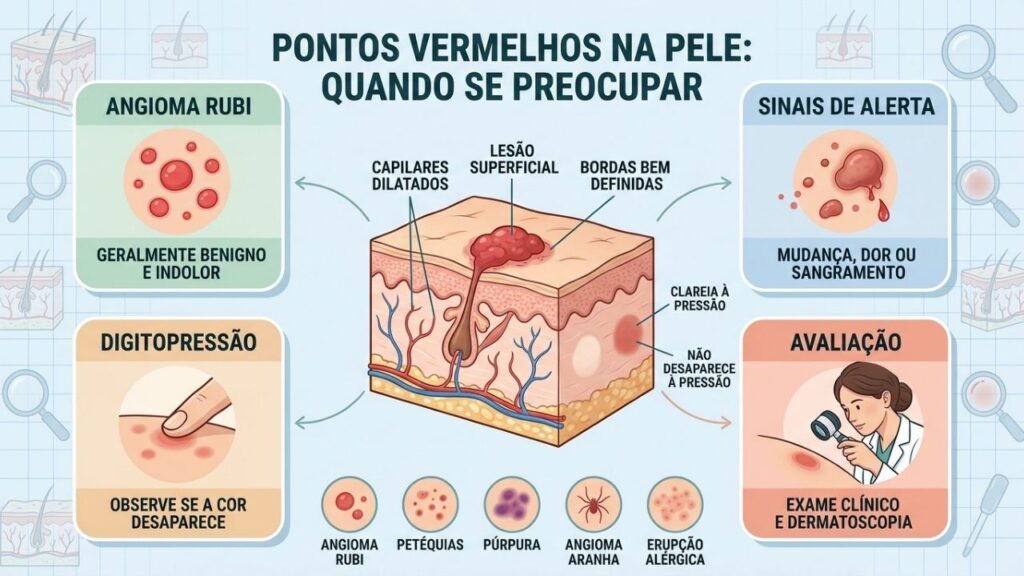 Aparência, pressão, evolução e sintomas ajudam a diferenciar pontos vermelhos.