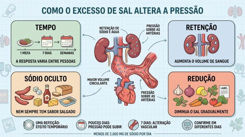 Tempo, retenção, sódio oculto e redução explicam os efeitos sobre a pressão.