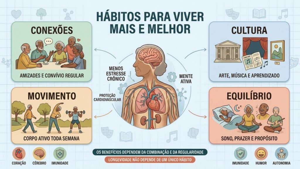 Conexões, cultura, movimento e sono formam uma base consistente para a longevidade.