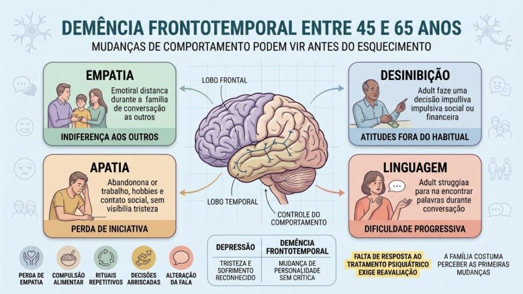 Empatia, desinibição, apatia e linguagem ajudam a distinguir DFT de depressão.