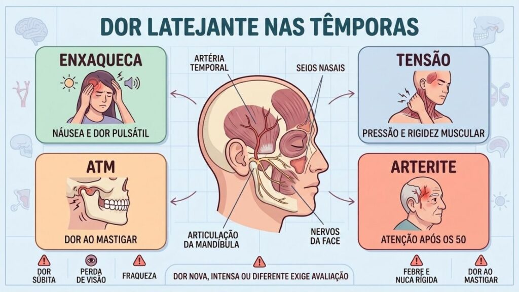 Enxaqueca, tensão, ATM e arterite podem causar dor nas têmporas.