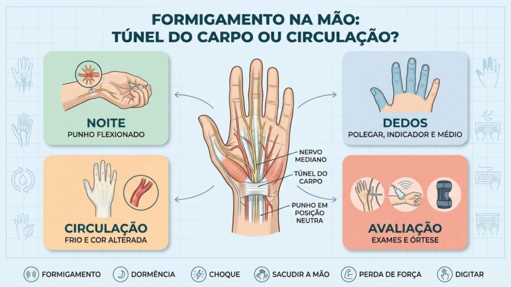Infográfico diferencia túnel do carpo, má circulação, sintomas e avaliação médica.