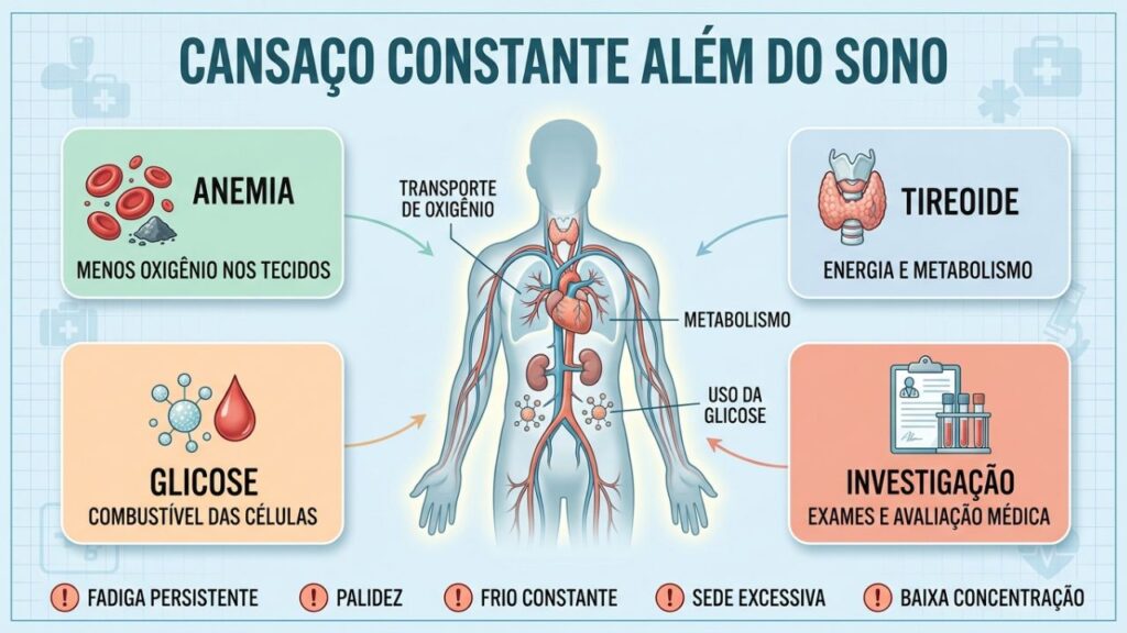 Anemia, tireoide, glicose e exames ajudam a investigar fadiga constante.