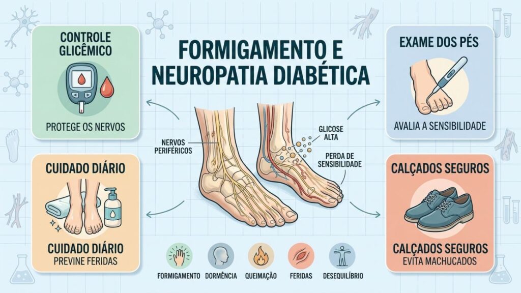 Controle glicêmico, exame dos pés e calçados seguros protegem os nervos.
