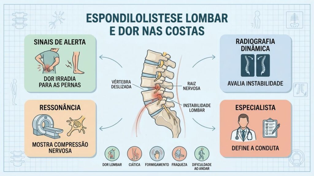 Sinais, radiografia dinâmica e ressonância orientam o diagnóstico da espondilolistese.