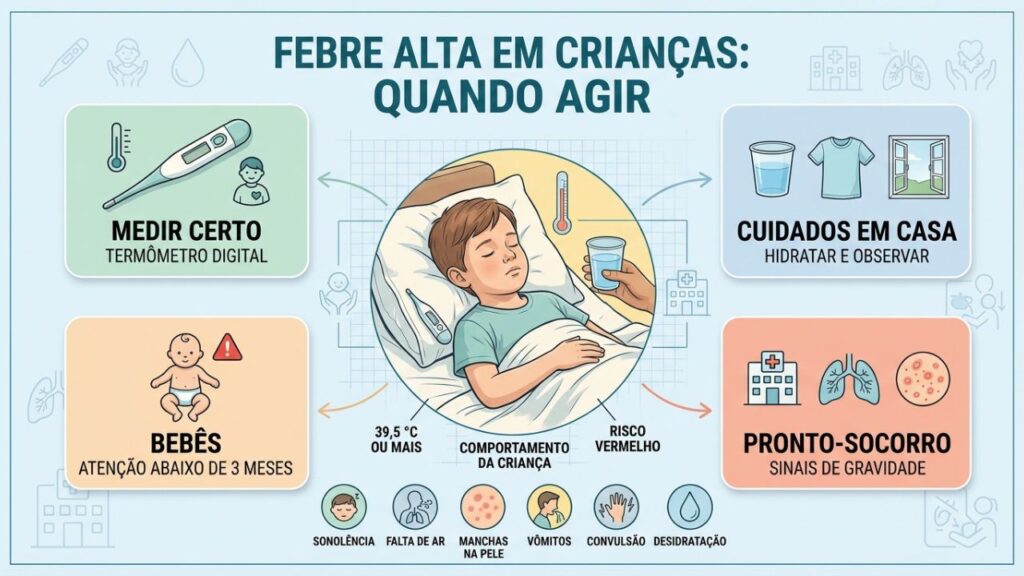 Infográfico orienta medição, cuidados iniciais e alertas da febre infantil.