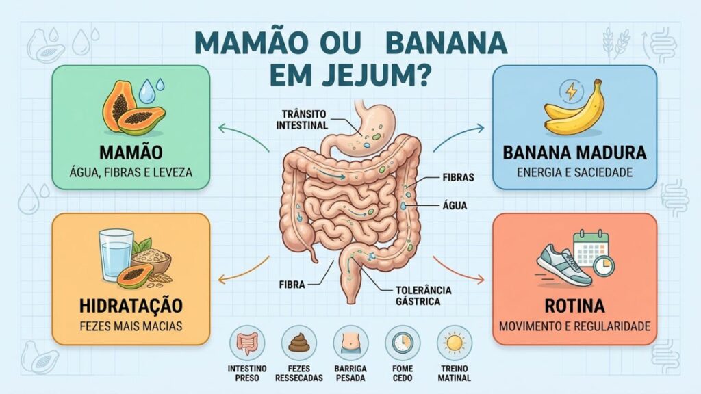 Comparativo mostra quando mamão, banana, água e movimento ajudam o intestino.