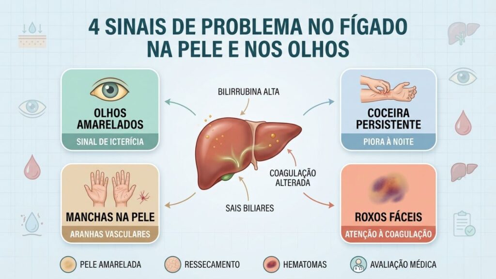 Quatro sinais visíveis ajudam a reconhecer possíveis alterações no fígado.