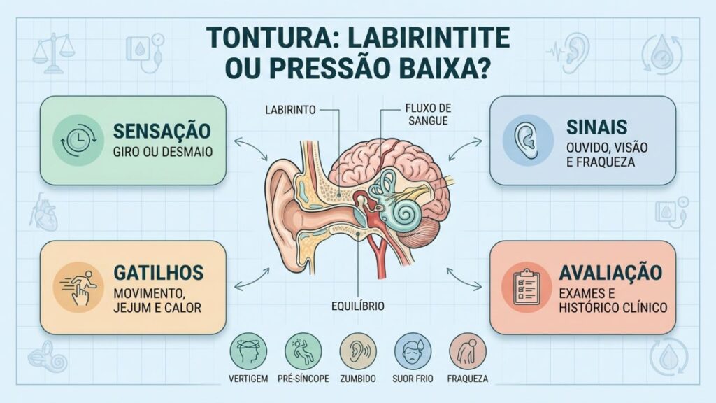 Principais sinais ajudam a distinguir labirintite, pressão baixa e urgência médica.