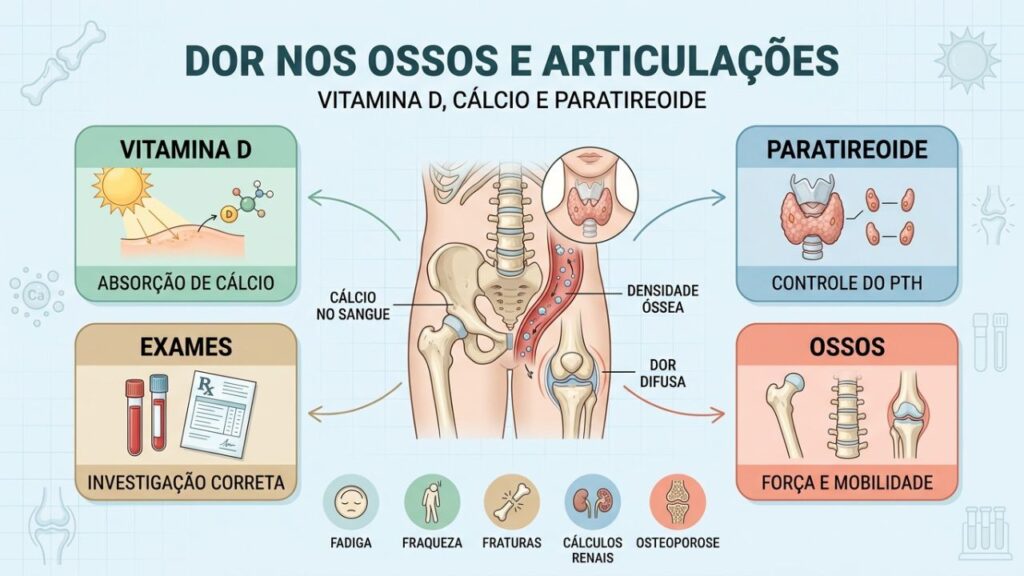 Vitamina D, PTH, cálcio e exames orientam a investigação das dores ósseas.