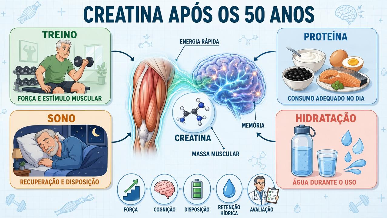 Treino, proteína, sono e hidratação sustentam os benefícios da creatina.