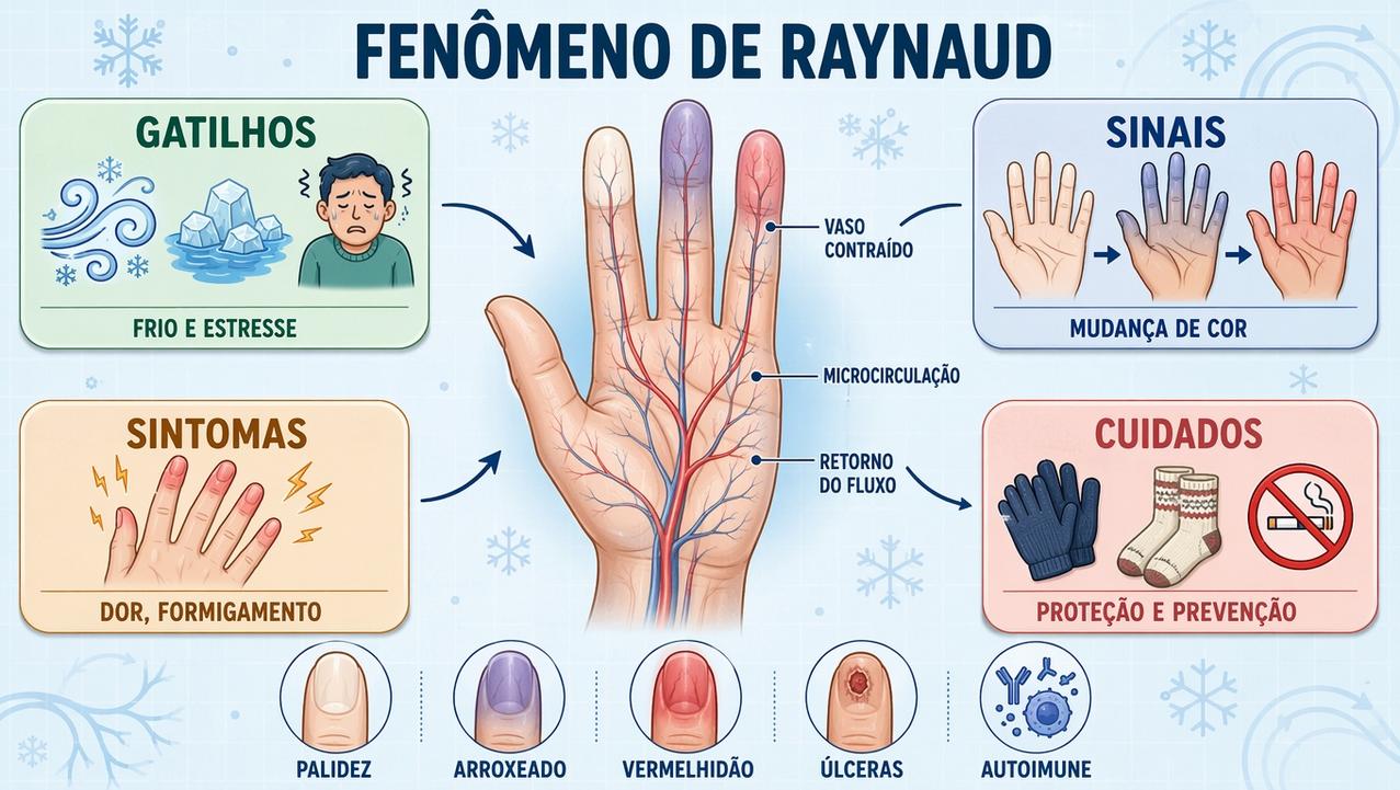 Infográfico resume gatilhos, sinais, sintomas e cuidados no fenômeno de Raynaud.