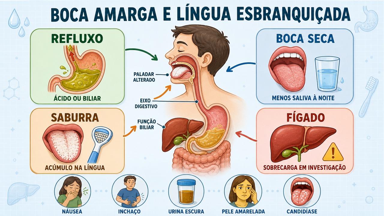 Infográfico resume refluxo, boca seca, saburra e fígado como causas possíveis.