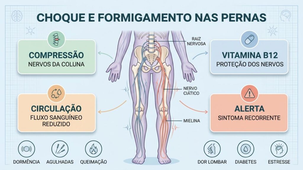 Infográfico explica causas nervosas, metabólicas e circulatórias do formigamento.
