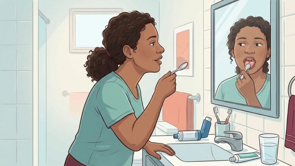 O corticoide depositado na boca favorece o crescimento excessivo da Candida.