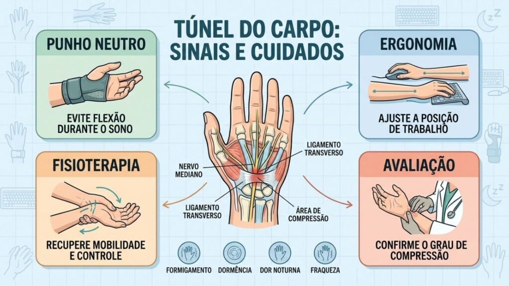 Punho neutro, ergonomia, fisioterapia e avaliação protegem o nervo mediano.