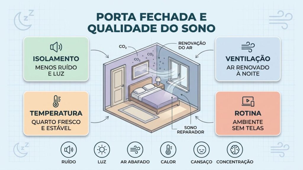 Infográfico mostra como isolamento, ventilação e temperatura influenciam o sono.