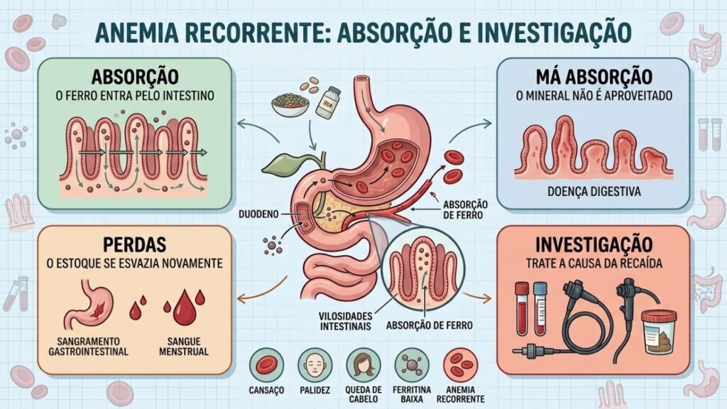 Absorção, perdas contínuas e exames explicam por que a anemia retorna.