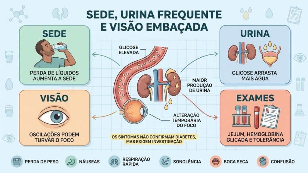 Sede, urina, visão e exames ajudam a reconhecer possíveis sinais de hiperglicemia.