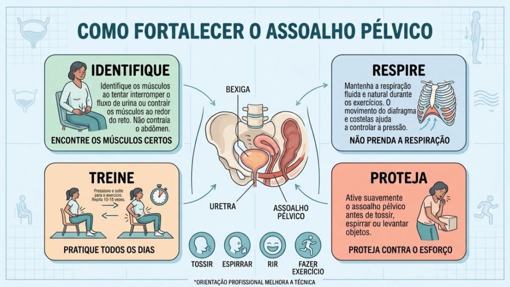 Identificação, respiração, treino regular e ativação funcional reduzem escapes de urina.