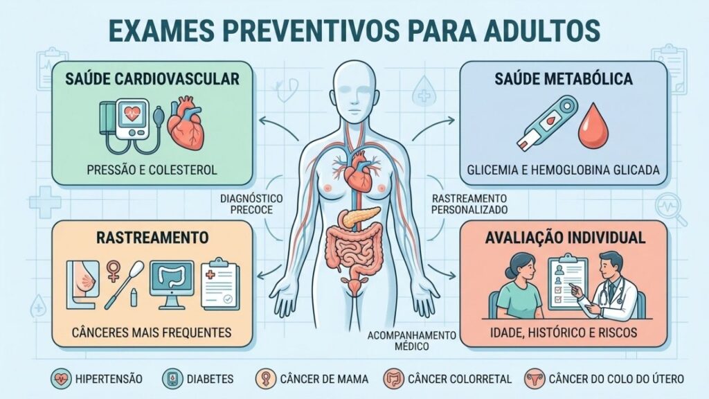 Pressão, metabolismo, rastreamento oncológico e avaliação individual estruturam o cuidado preventivo.
