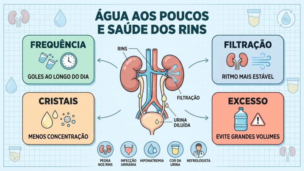 Frequência, filtração, urina diluída e excesso orientam hidratação renal segura.