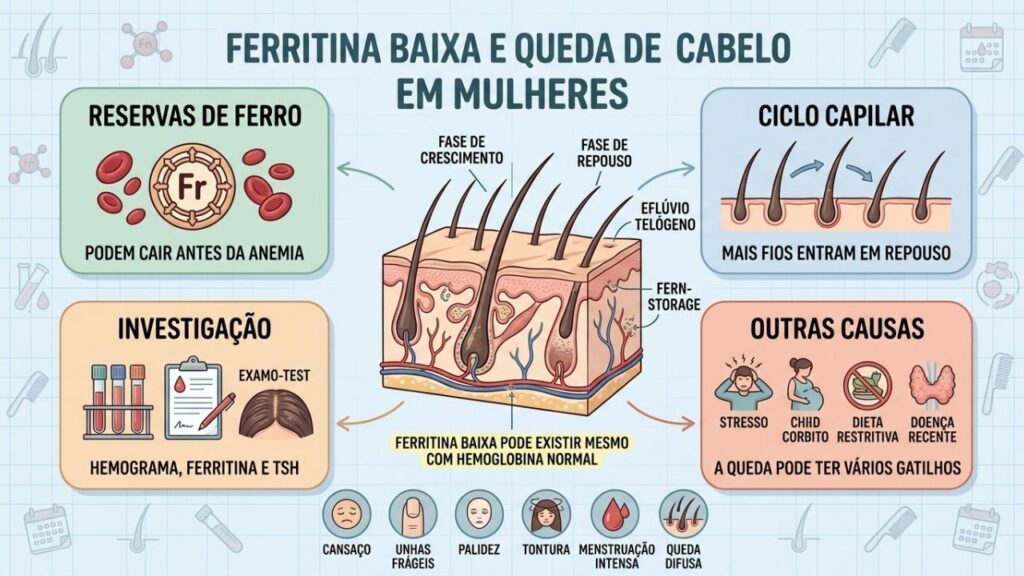 Reservas de ferro, ciclo capilar, exames e causas associadas orientam a investigação.